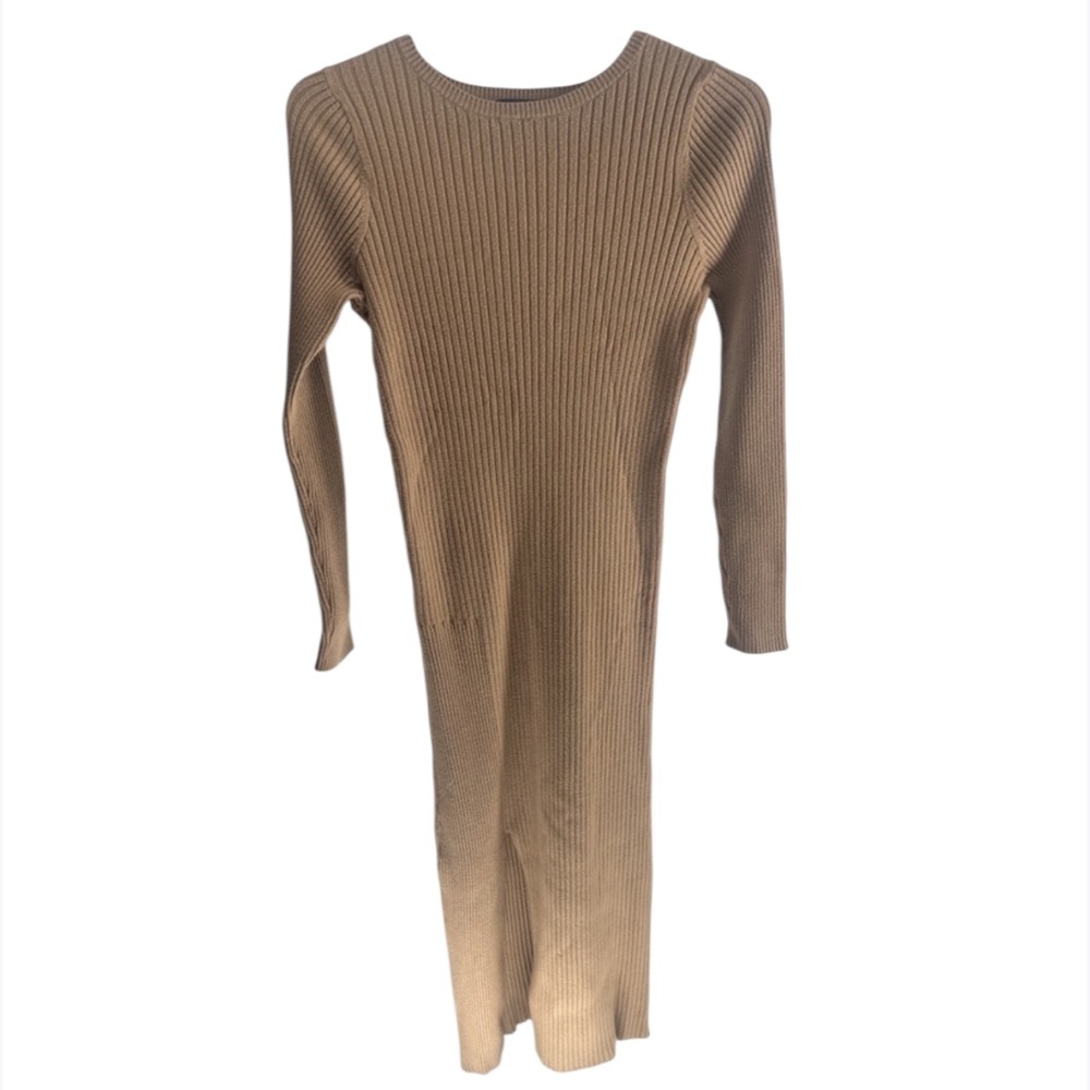 Express Women's Ribbed Crew-Neck Maxi Sweater Dress Beige Long‎ Sleeve Sz M